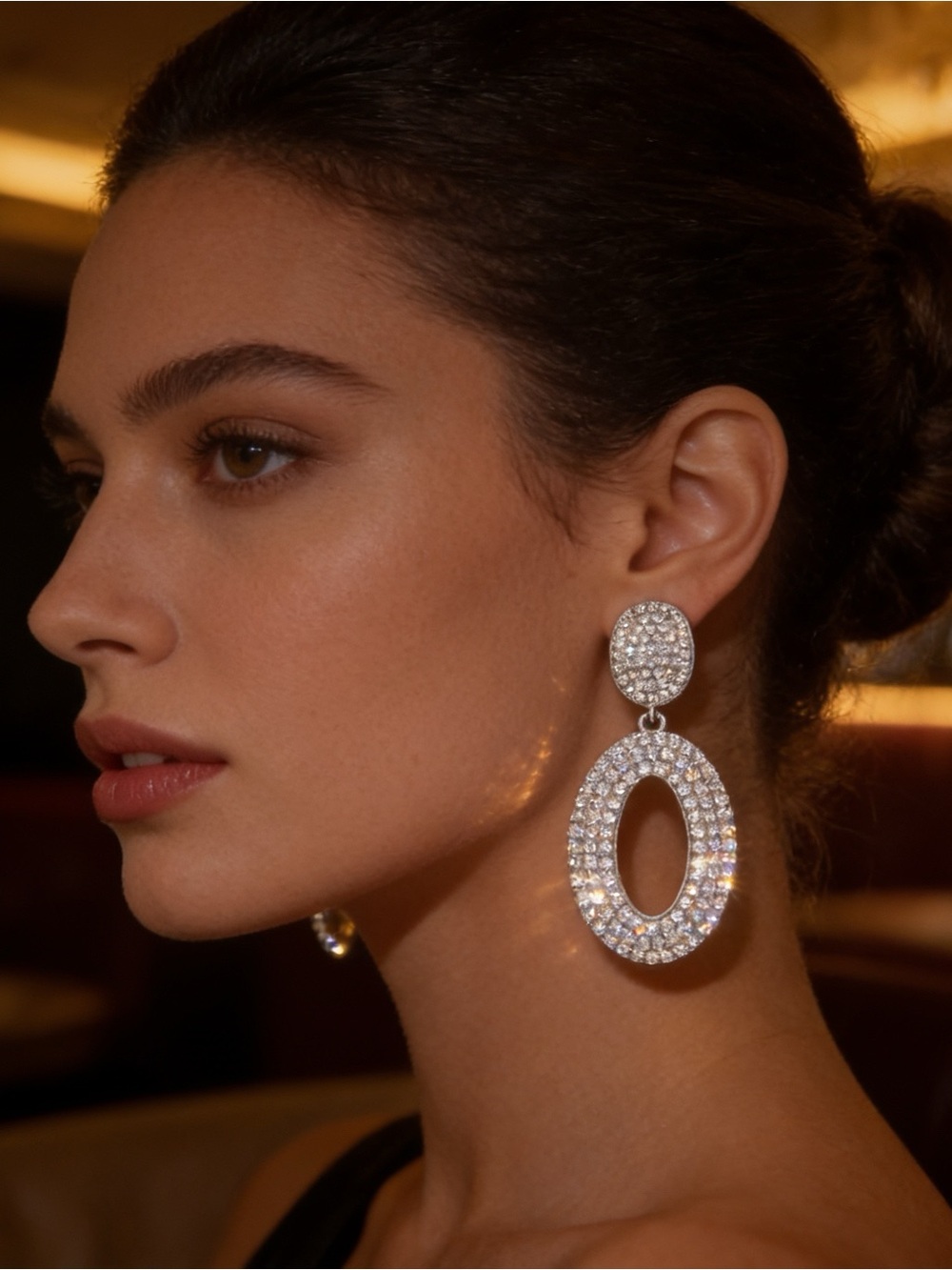 Sparkling Double Oval Crystal Pavé Drop Earrings | Glamorous Door Knocker